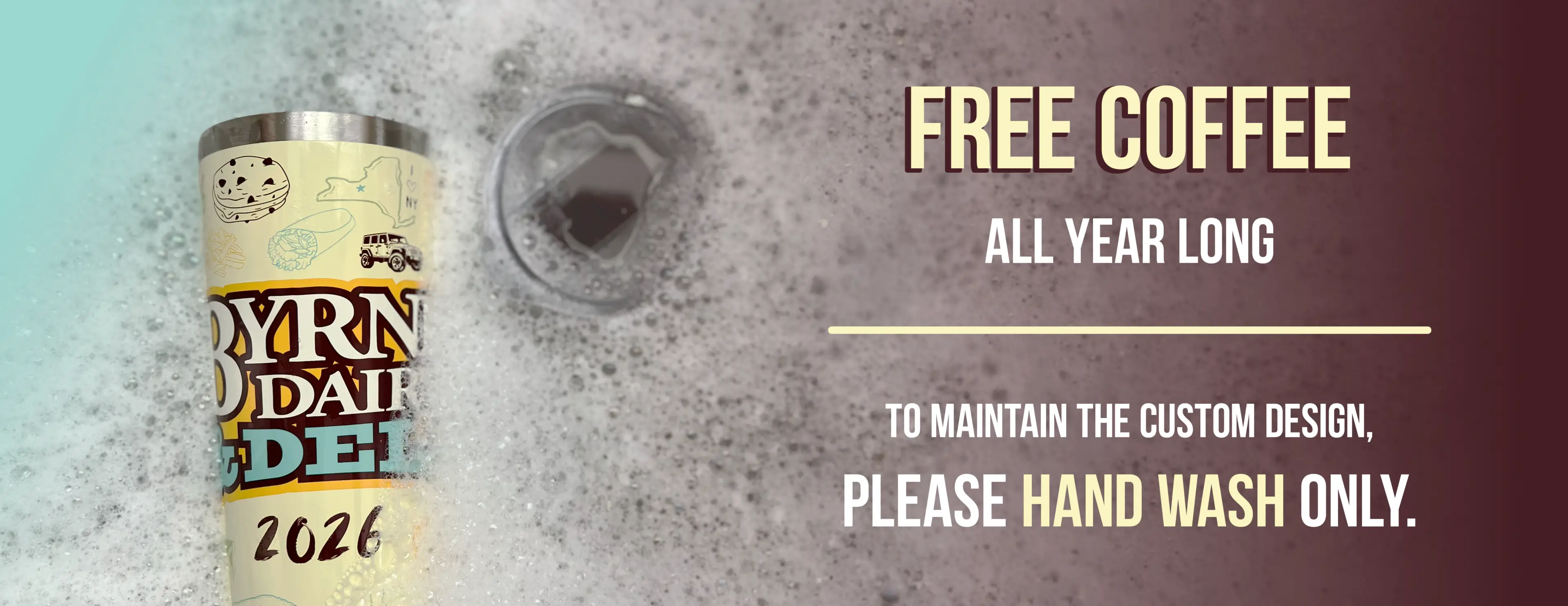 Promotional coffee tumbler with "Free Coffee" message